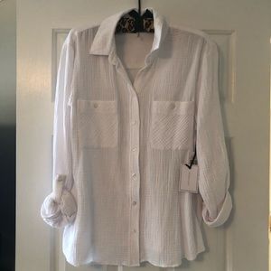 1.STATE White Crinkle Gauze Btn Front Shirt